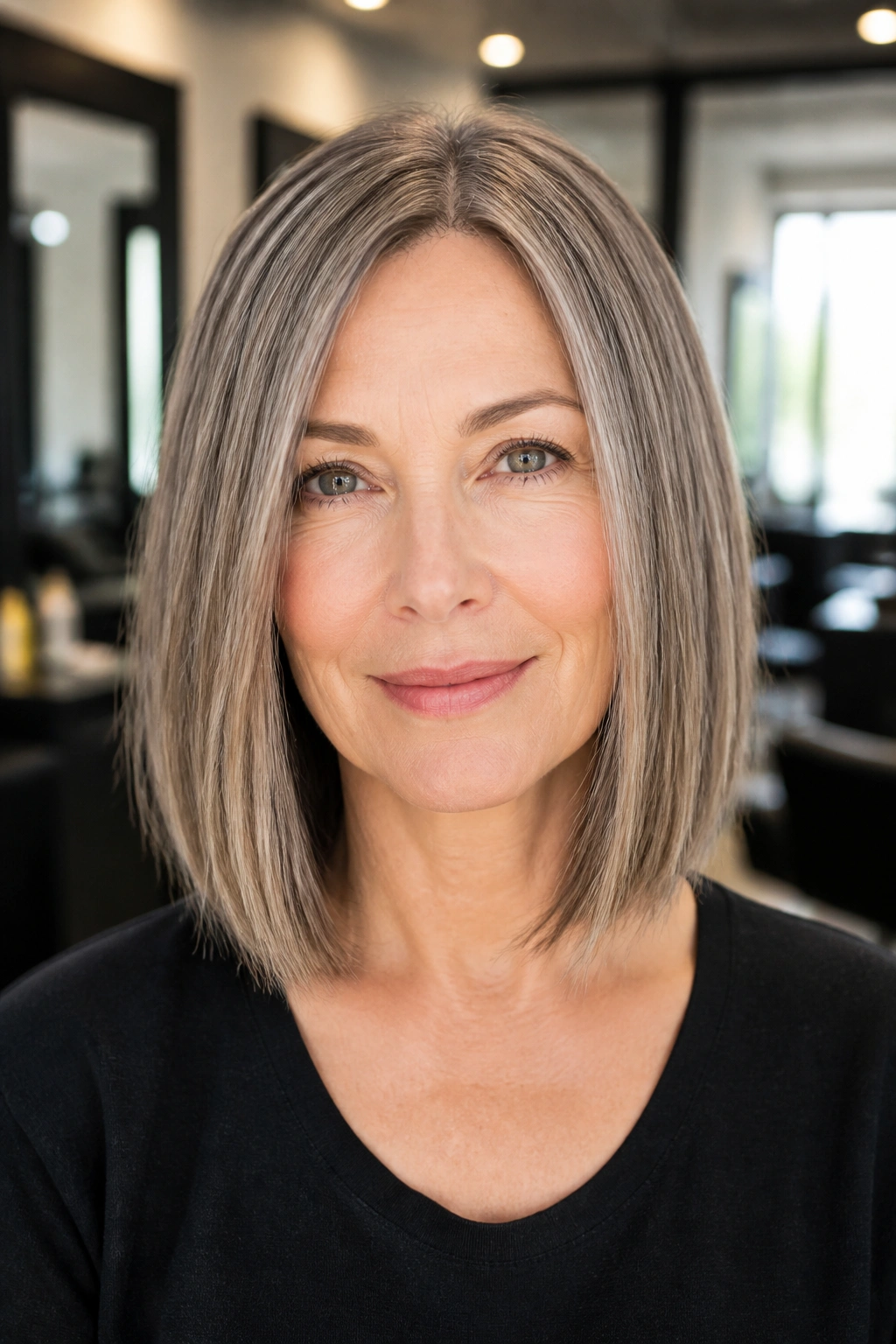 Close-up of a blunt midi hairstyle with invisible layers on a real woman
