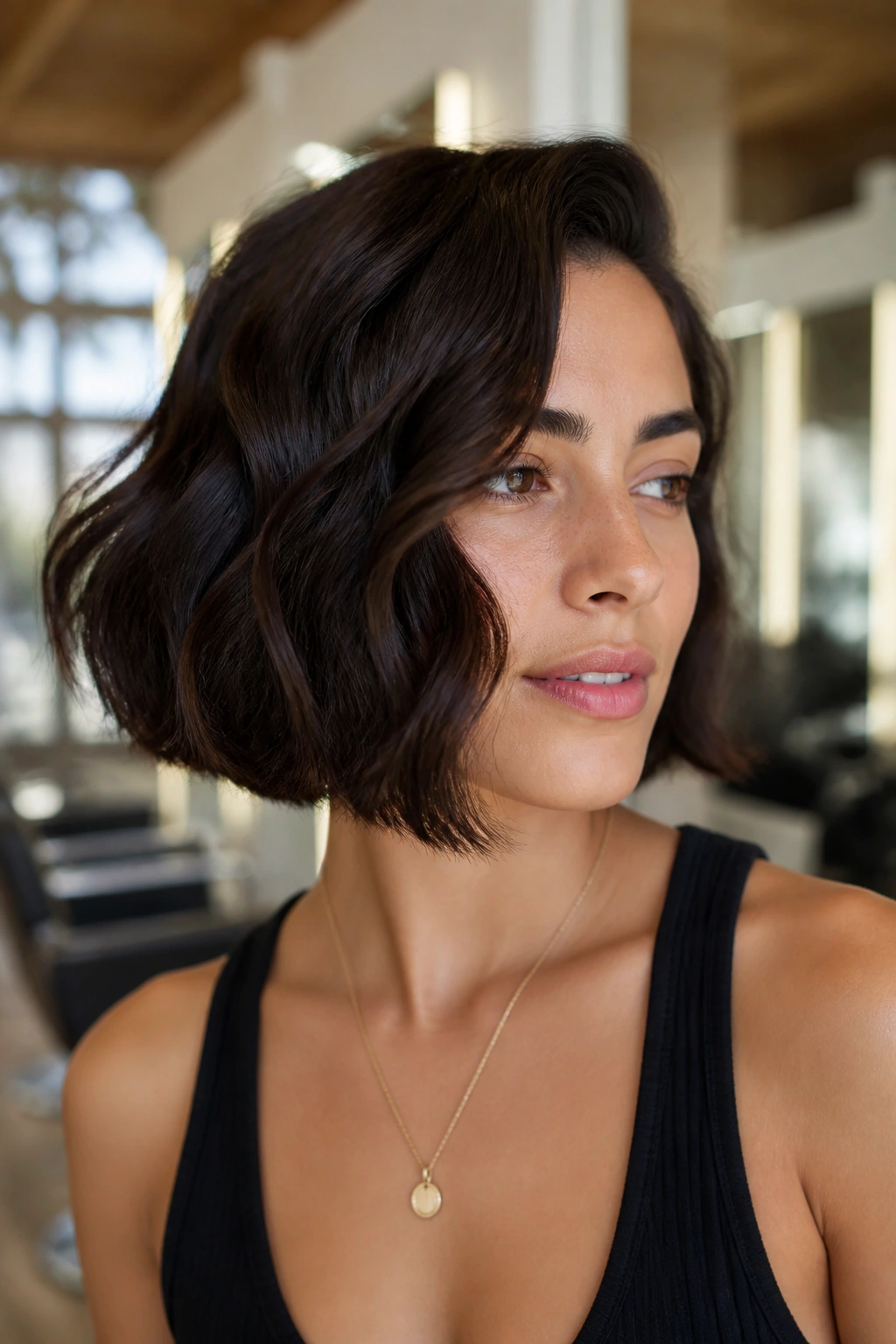 Close-up portrait of a real woman with a blunt perimeter bob and soft asymmetry