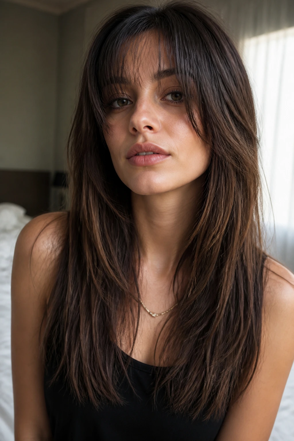 Close-up portrait of a real woman with a blunt outer edge and shattered interior layers in long hair.
