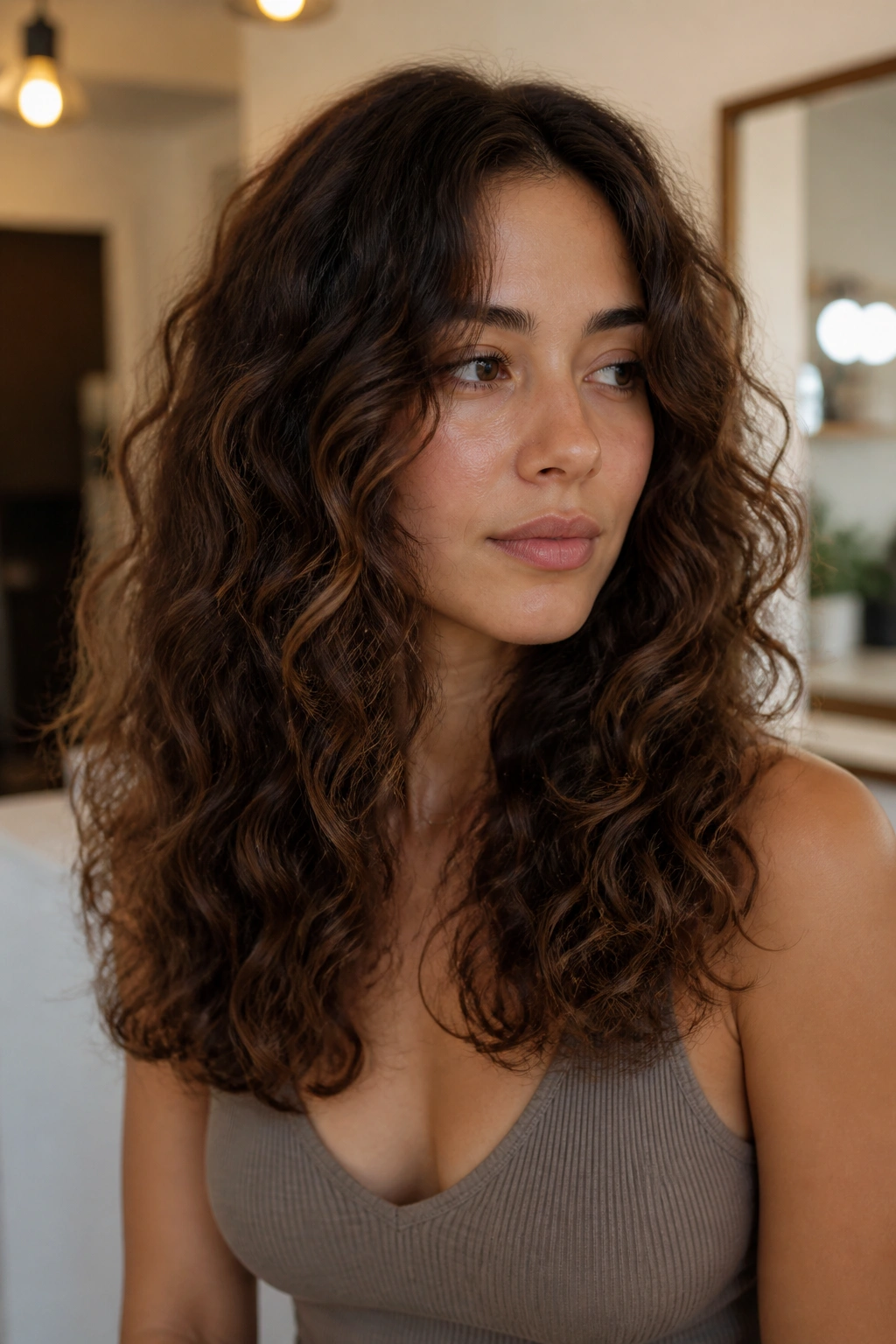 Real woman with blunt perimeter and interior layers, subtle waves.