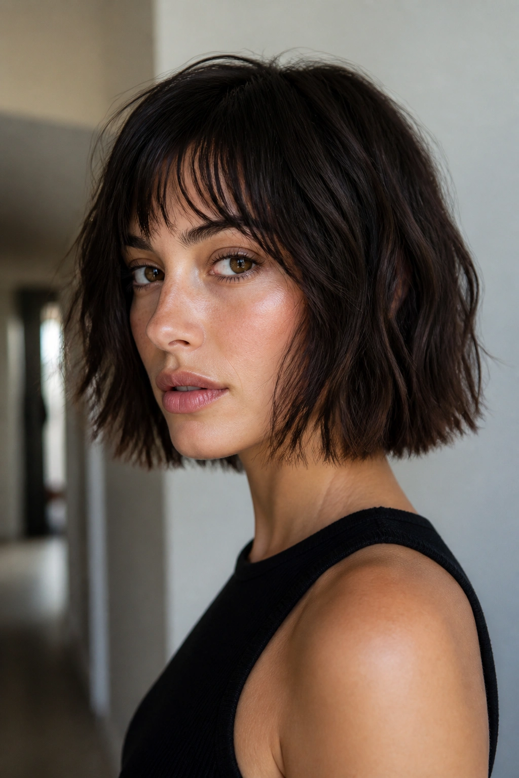 Close-up portrait of a real person with blunt perimeter and choppy interior layers in natural daylight