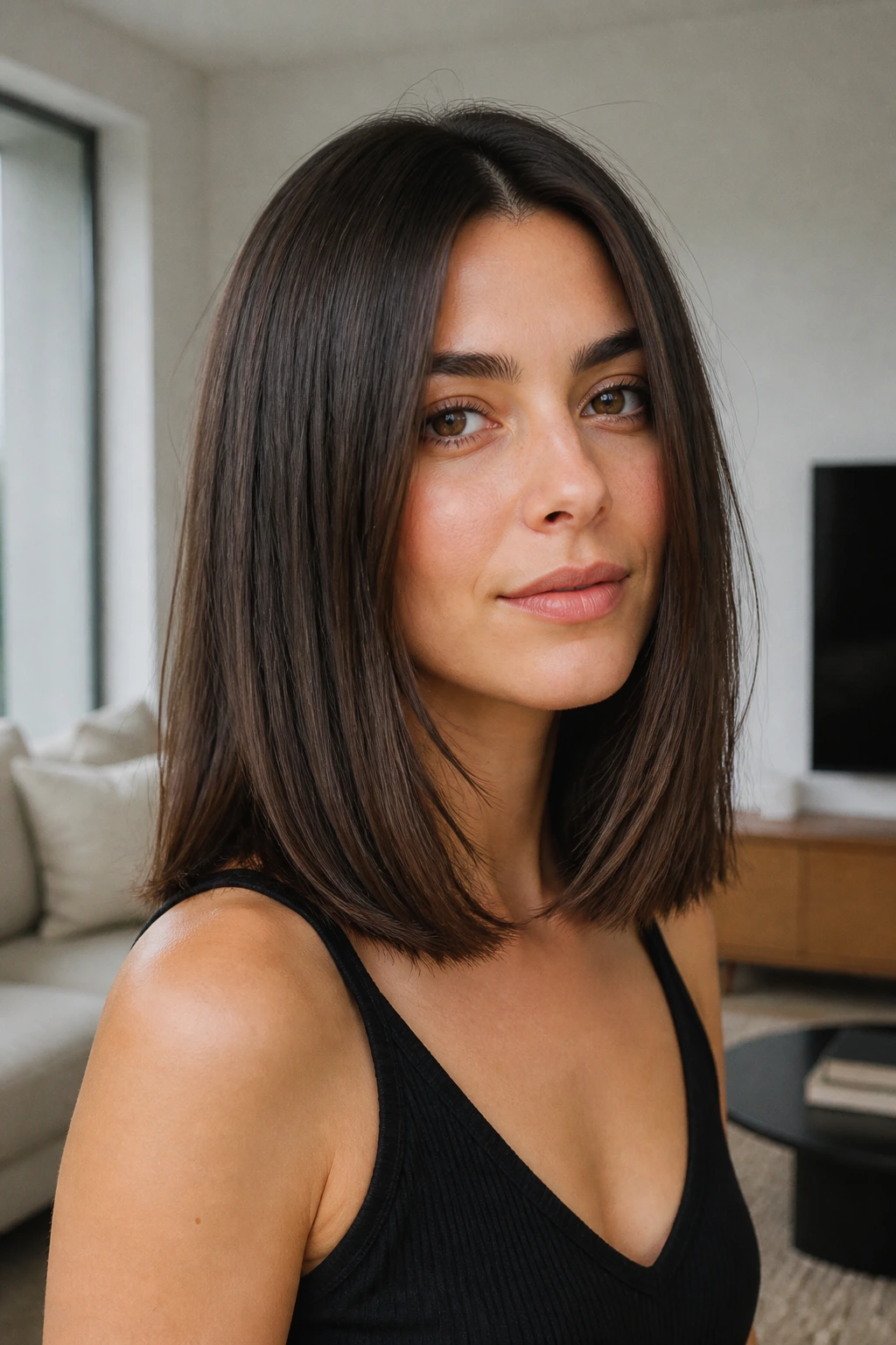 Close-up of straight hair with blunt bottom edge and hidden inner layers