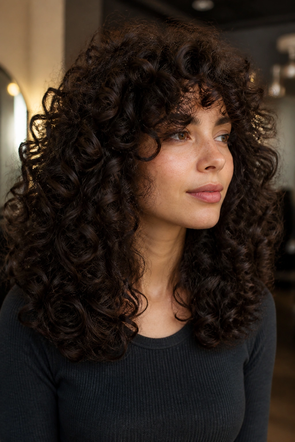 Close-up of a woman with a blunt perimeter and hidden inner layers in thick curls