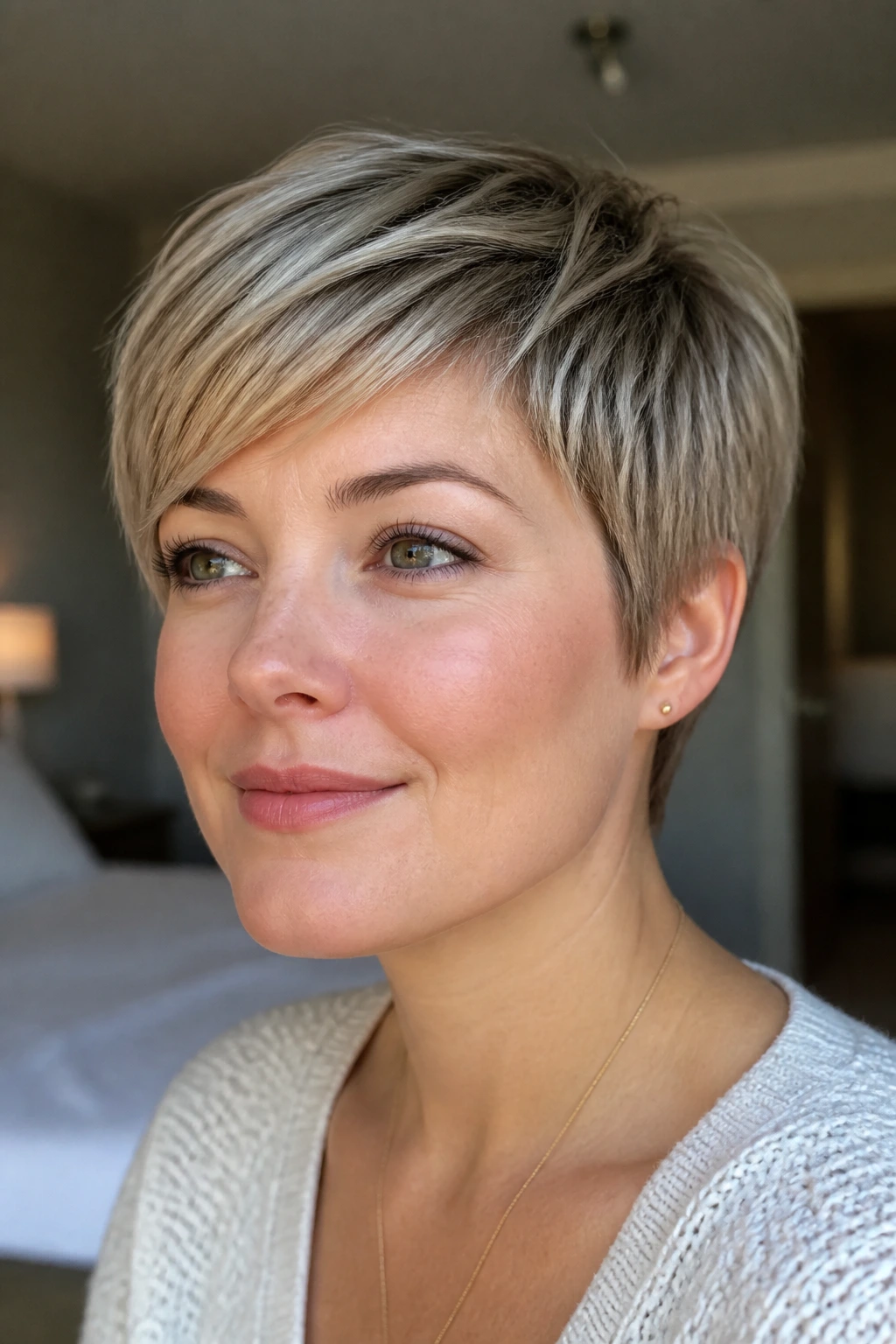 Close-up of a real woman with a blunt-perimeter pixie for fine hair and crisp hairline