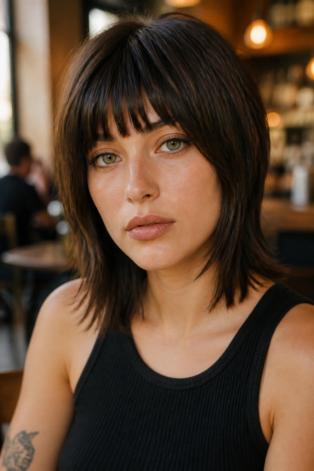 Head-and-shoulders portrait of a real woman with blunt-perimeter shag in a sunny cafe