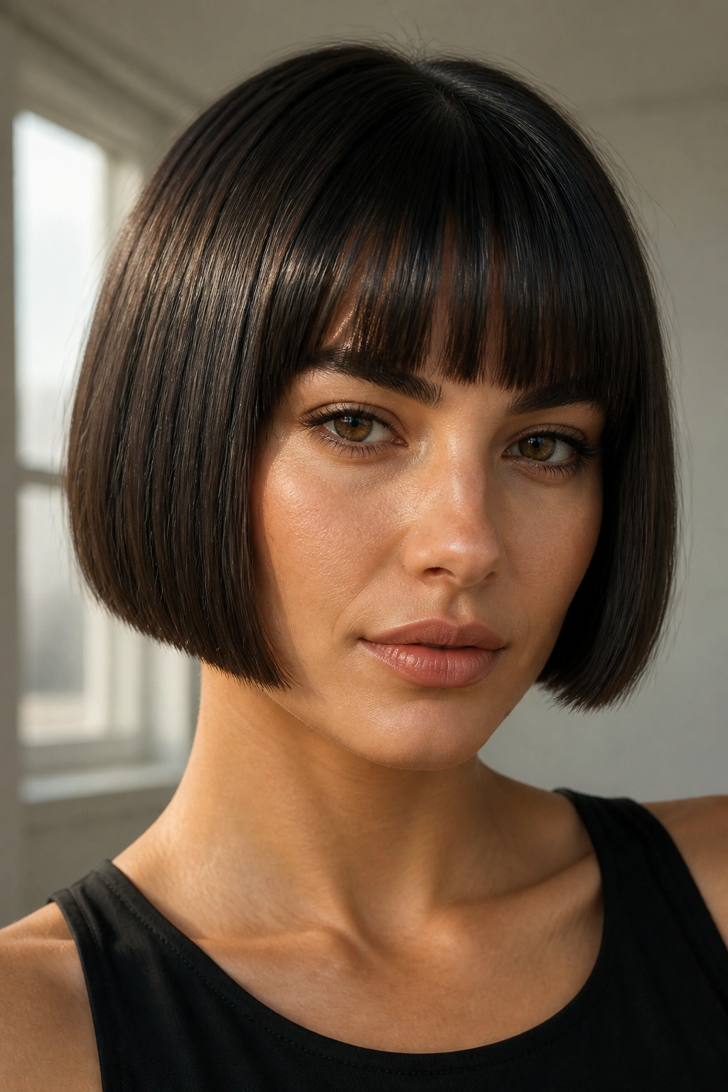 Portrait of a woman with a blunt pixie bob and heavy edge