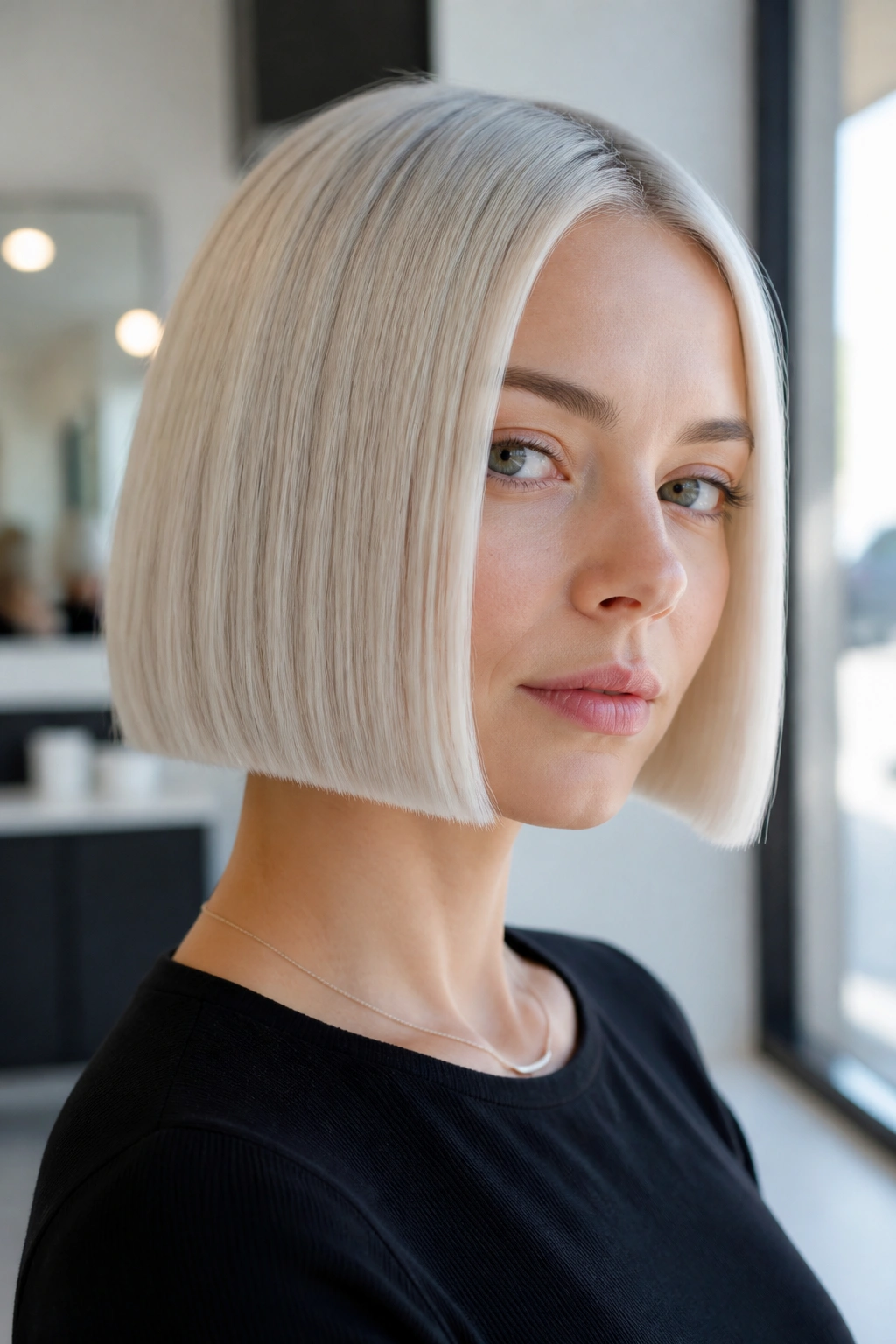 Close-up of a real person with a blunt jaw-length platinum bob and glassy edge.