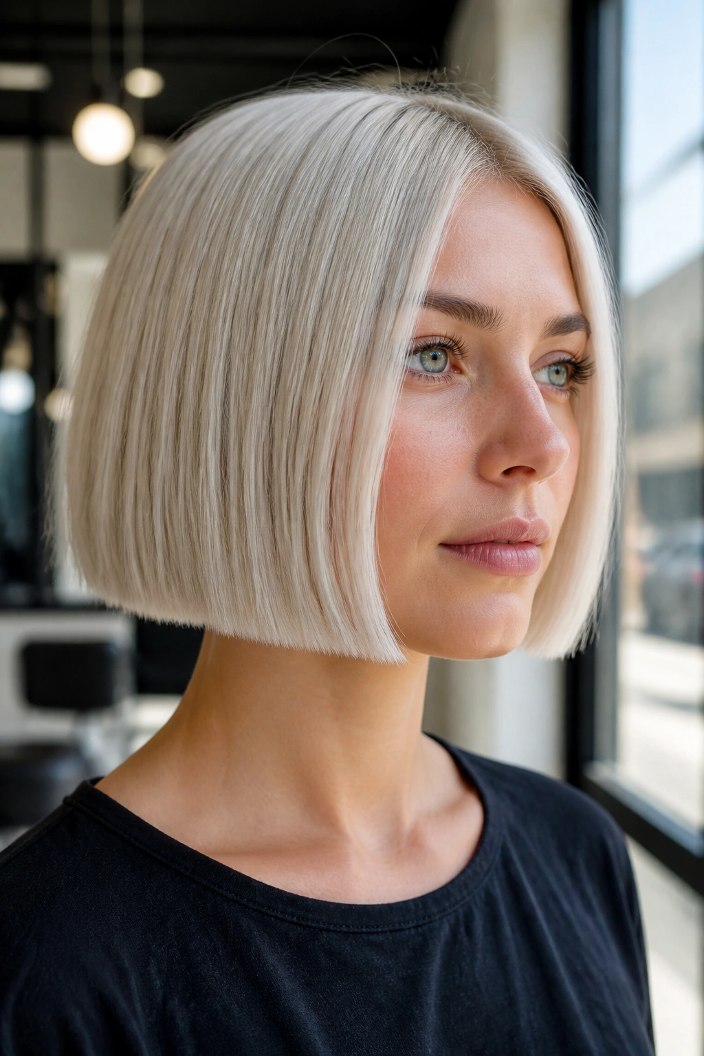 Close-up portrait of a real woman with a jaw-length blunt platinum bob in natural window light