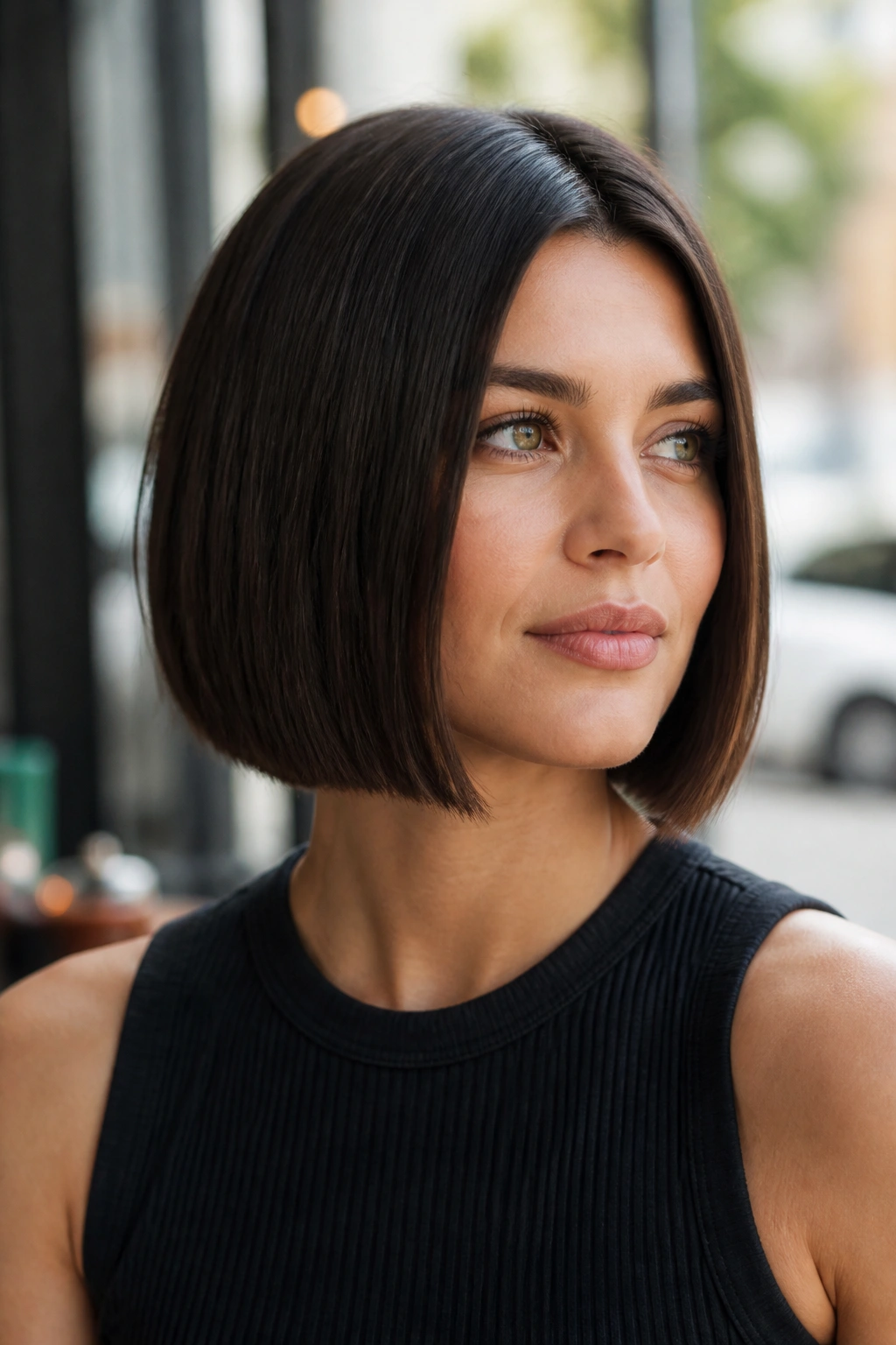 Close-up portrait of a woman with a blunt chin-length bob