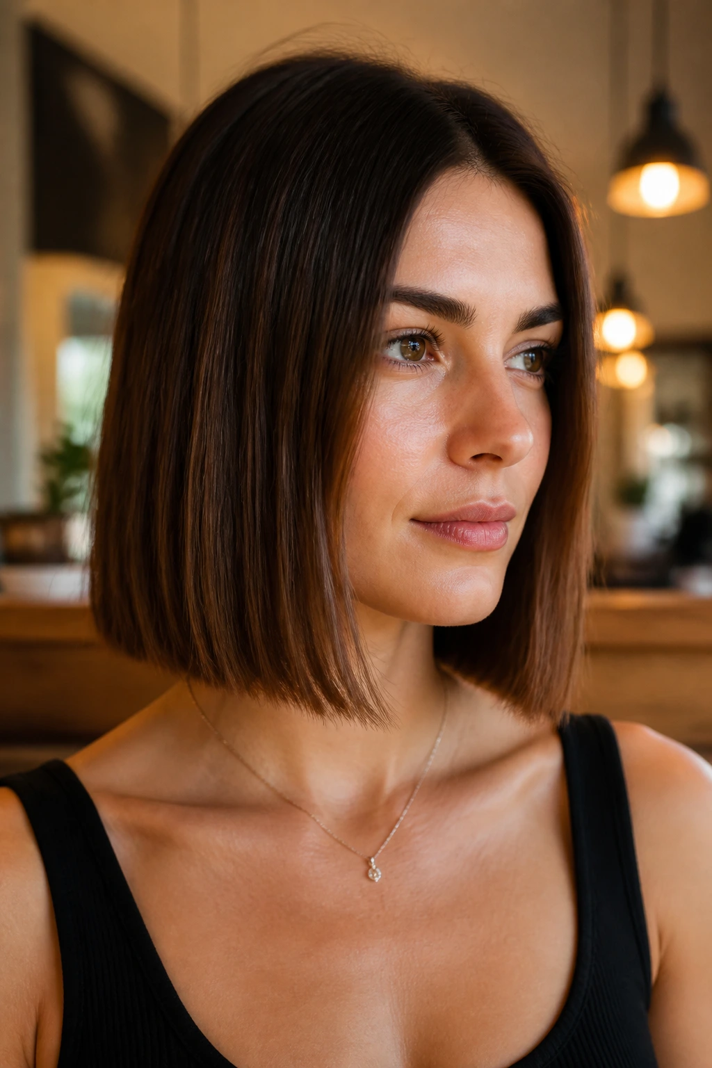 Close-up of a real woman with blunt shoulder-grazing bob in warm indoor lighting