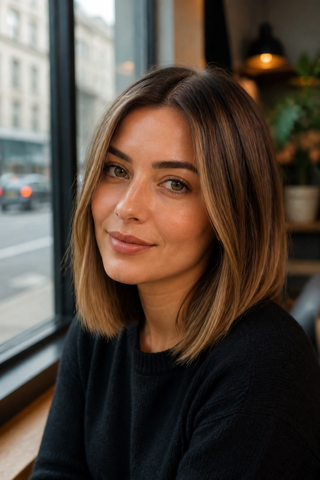 Close-up of a woman with blunt shoulder cut and minimal layers