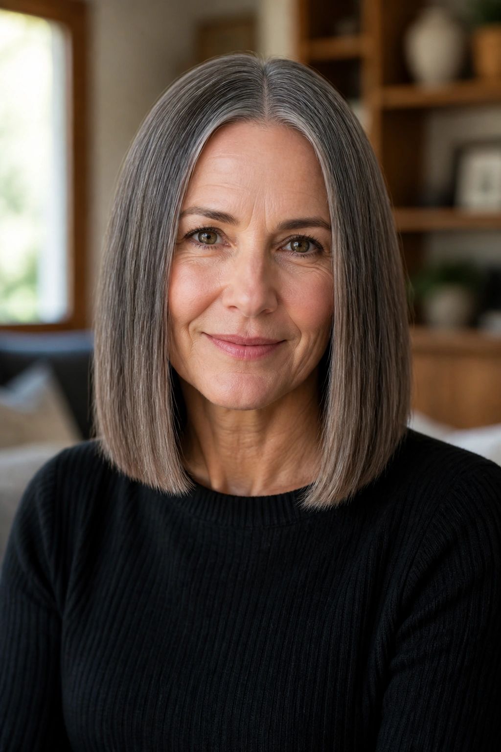 Close-up of a real woman with blunt shoulder-length hair and a center part, showing a clean edge with gray strands.