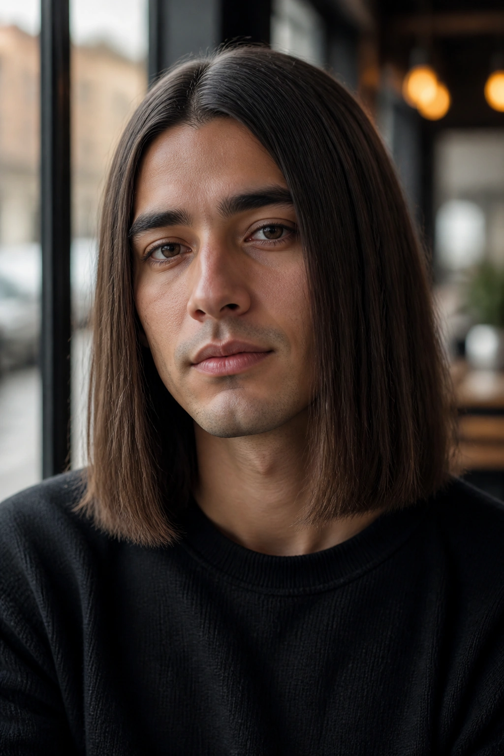 Close-up portrait of a man with blunt shoulder-length straight haircut