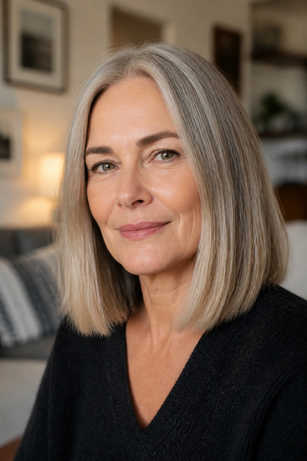 Close-up portrait of a real woman with a blunt shoulder-length cut.