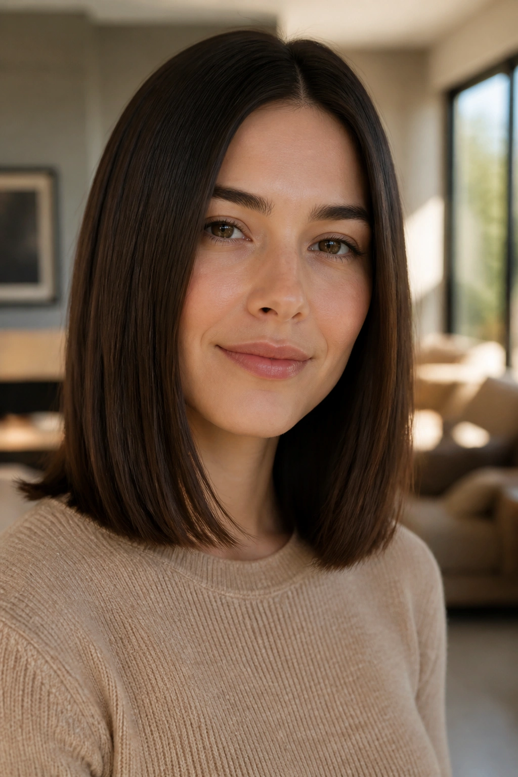 Close-up portrait of a real woman with a blunt shoulder-length haircut