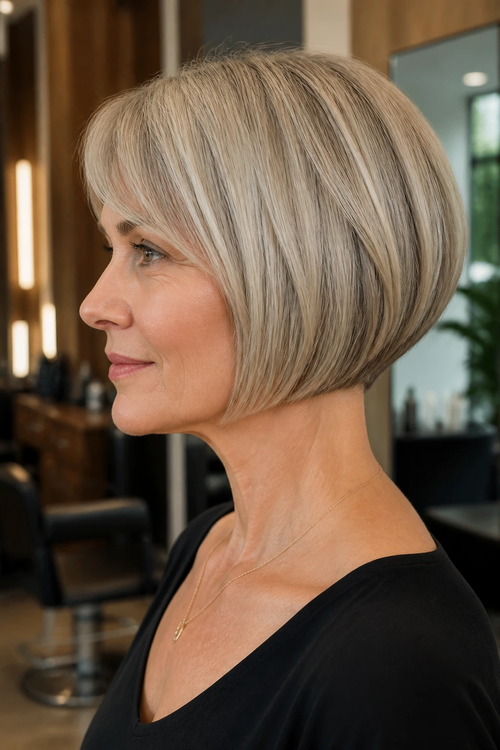 Close-up portrait of a woman with a blunt stacked bob with a slight bevel in a salon
