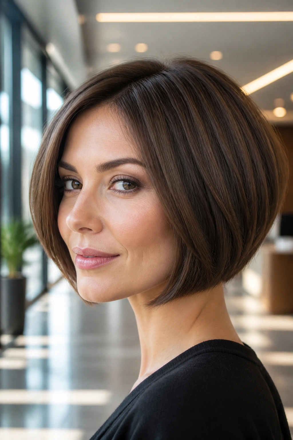 Close-up of a real woman with a blunt stacked bob with hidden layers