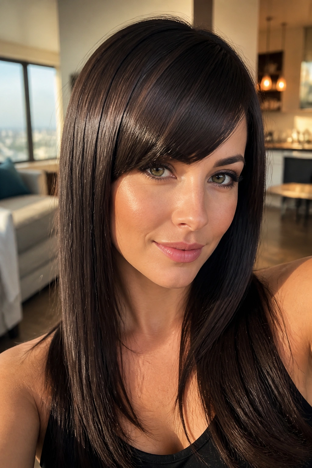 Close-up of woman with blunt side-swept bangs and sharp line