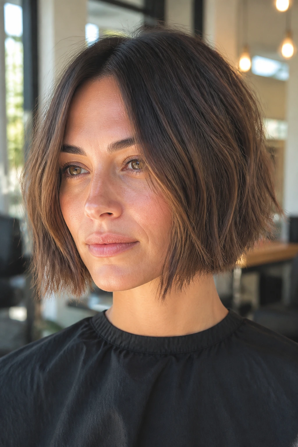 Close-up portrait of a real woman with a blunt textured bob, crisp line at the ends and light texture in natural light.