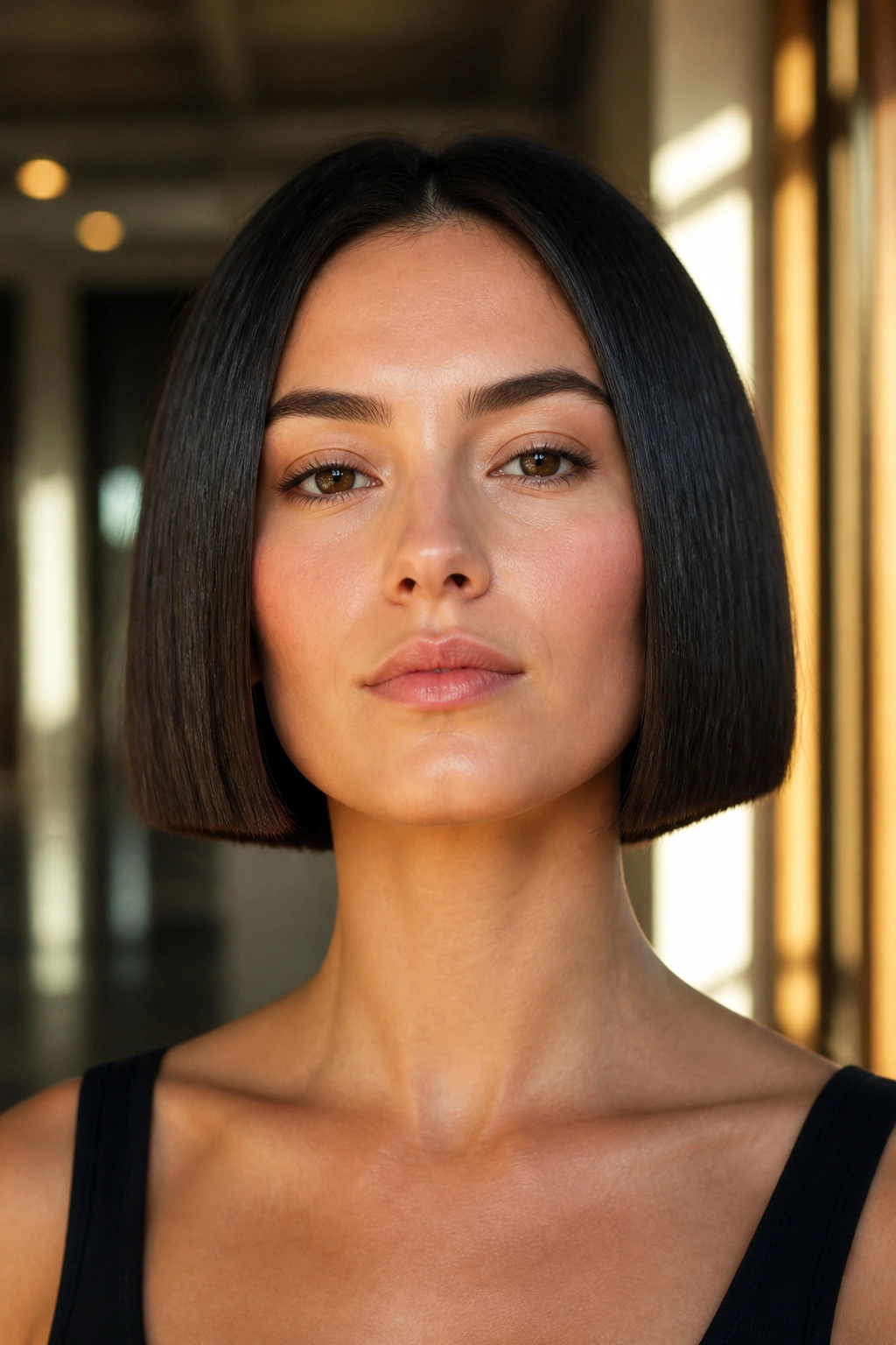Portrait of a real woman with blunt undercut bob and hidden undercut
