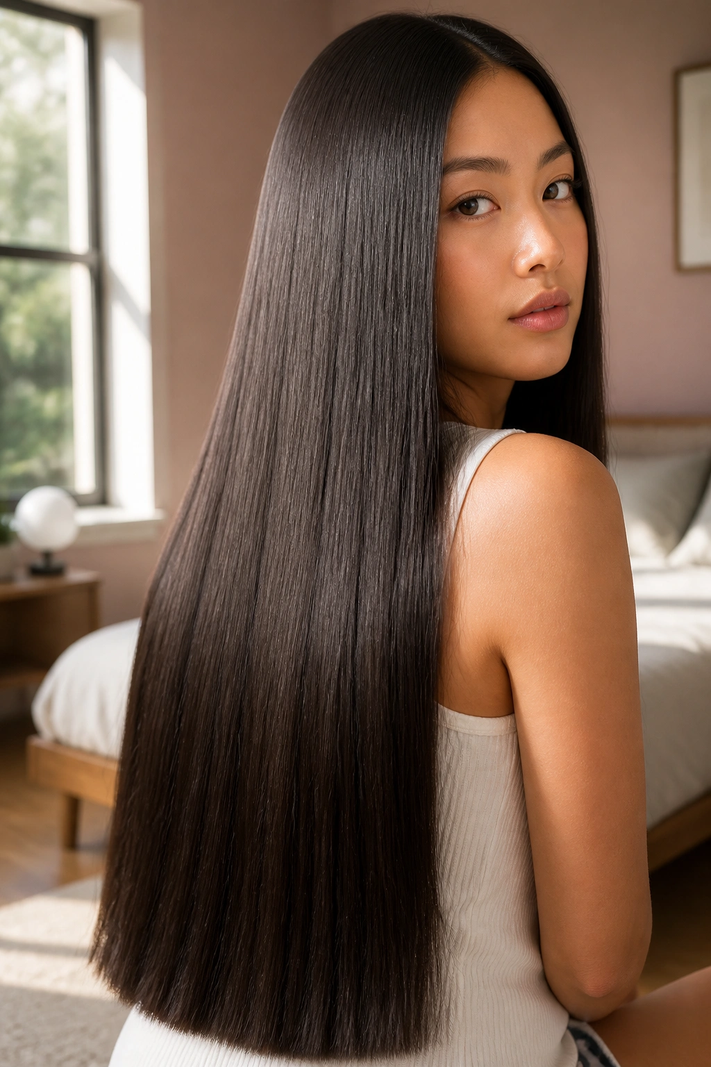 Close-up portrait of a real person with a crisp blunt waist-length cut and straight ends