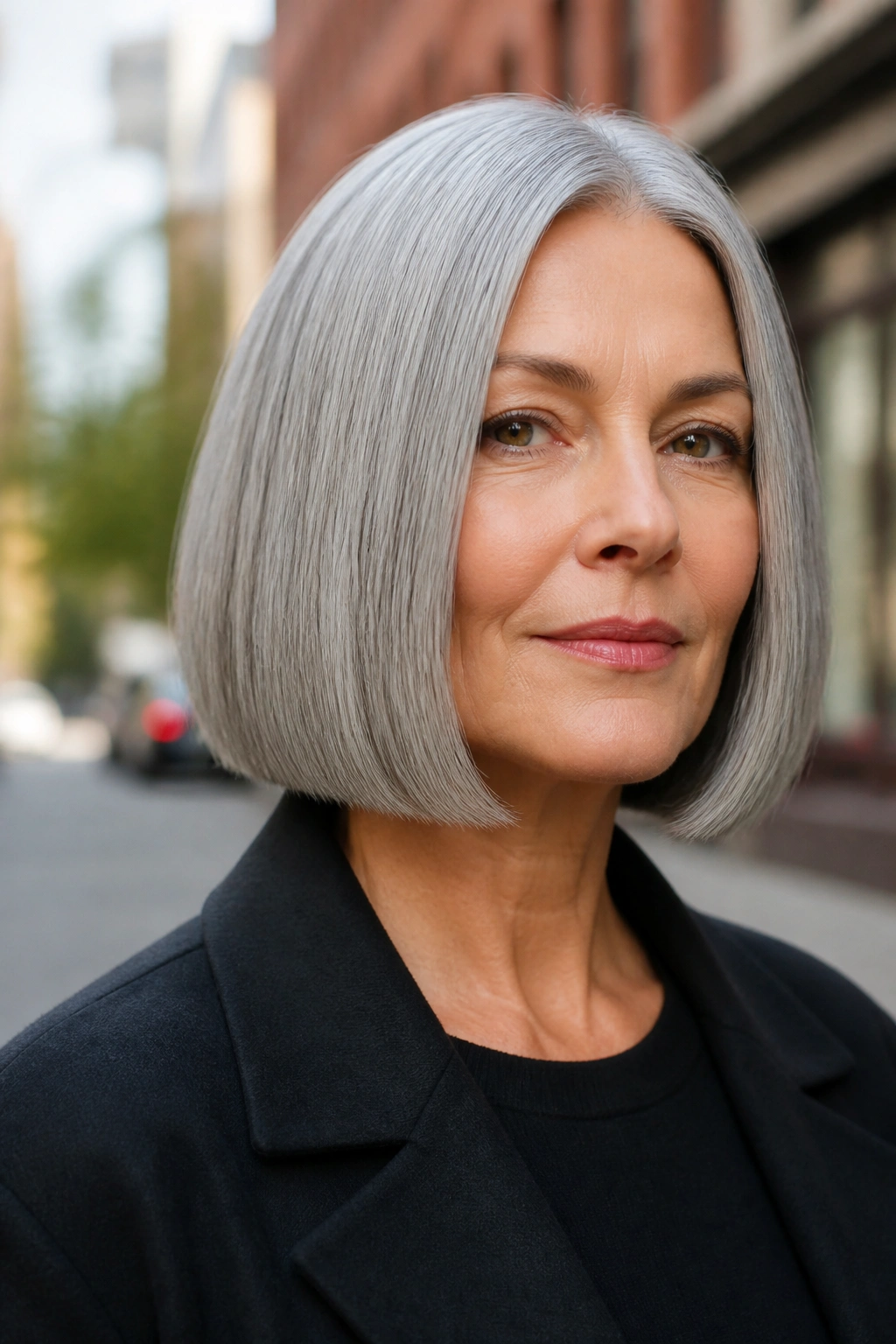 Close-up of a woman with a blunt bob and glossy gray hair