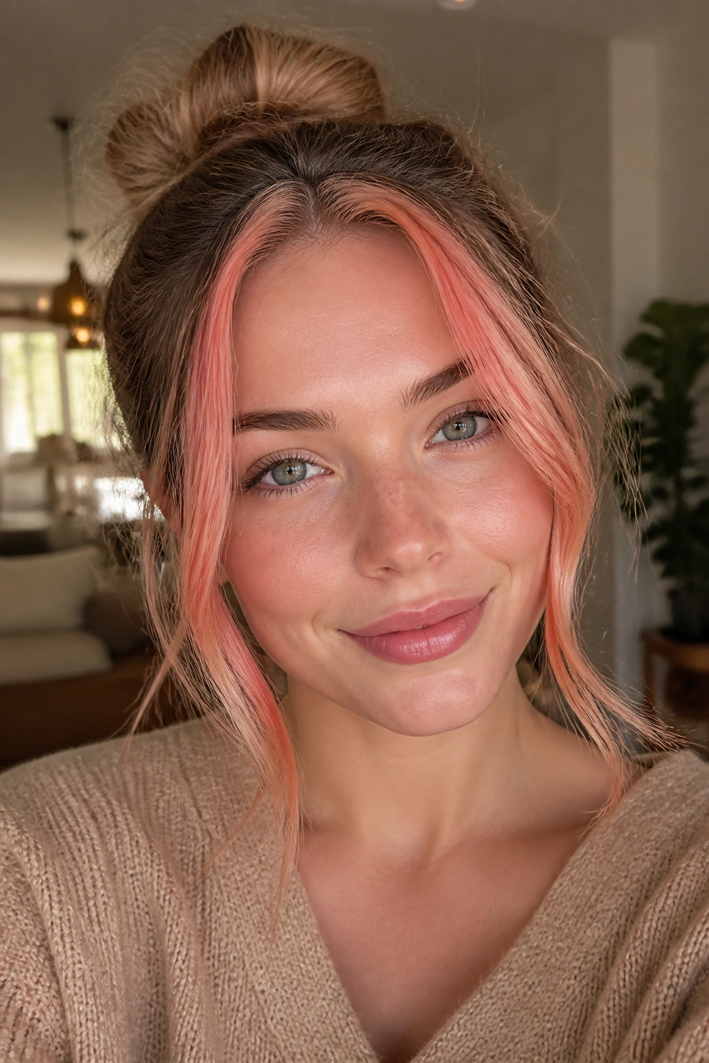 Close-up of a real woman with blush coral money pieces framing her face