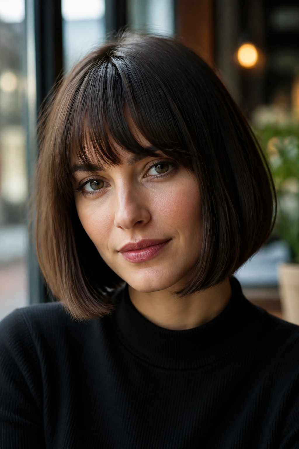 Close-up portrait of a real woman with a bob and bangs in cafe window light