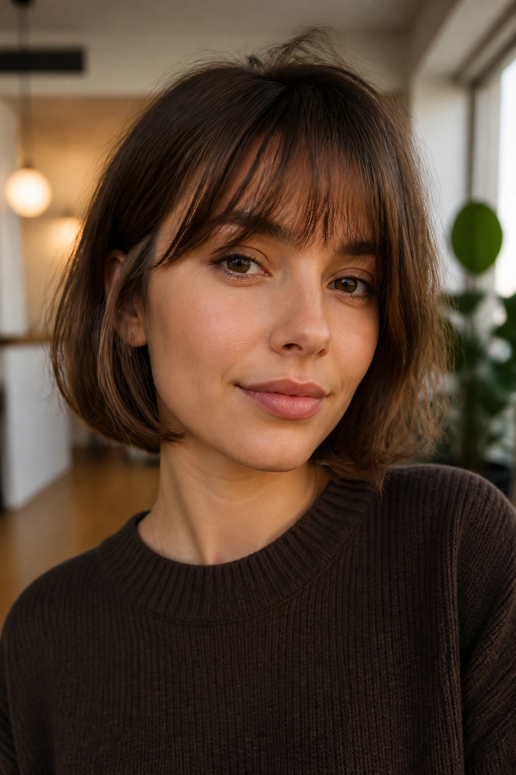 Close-up of a real person with a chin-length bob and soft bangs