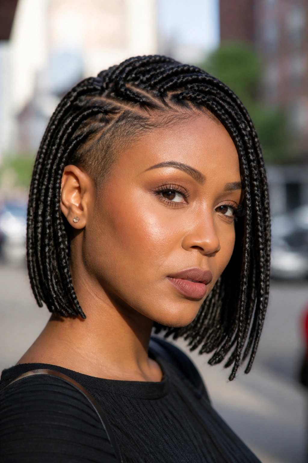 Portrait of a real woman with bob-length box braids and tapered sides in a sunlit city setting