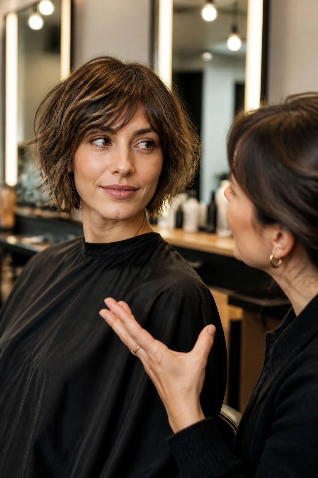 Real woman in salon talking with stylist about bob texture in natural light