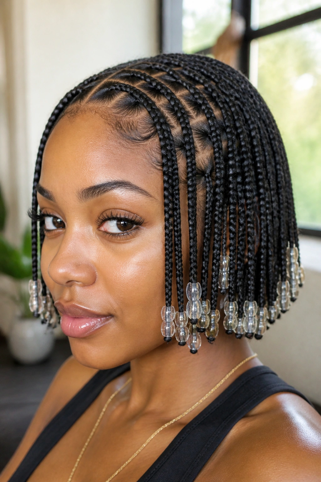 Close-up of a real woman with bob-length cornrows and lightweight beads