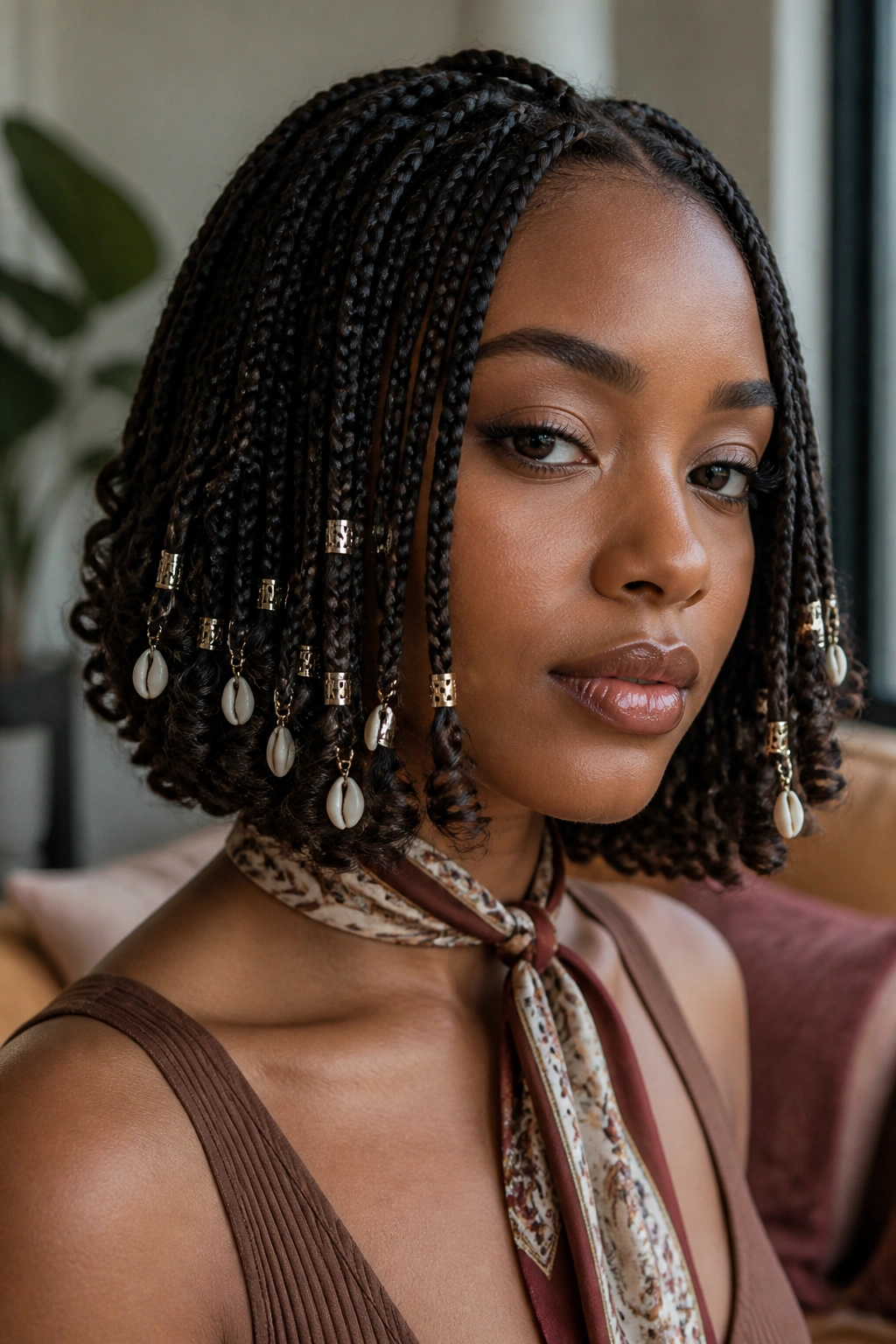 Close-up portrait of a real woman with a bob adorned with metallic cuffs along the ends