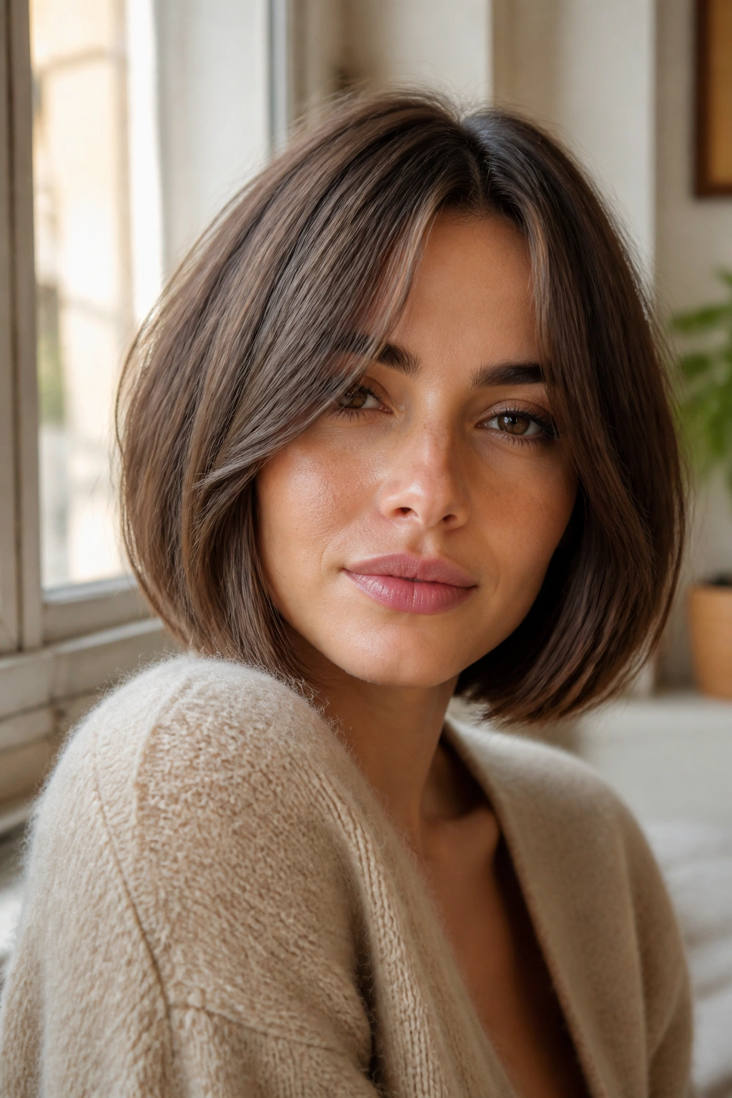 Close-up of a real woman's jaw-length bob with curtain bangs parted in the middle