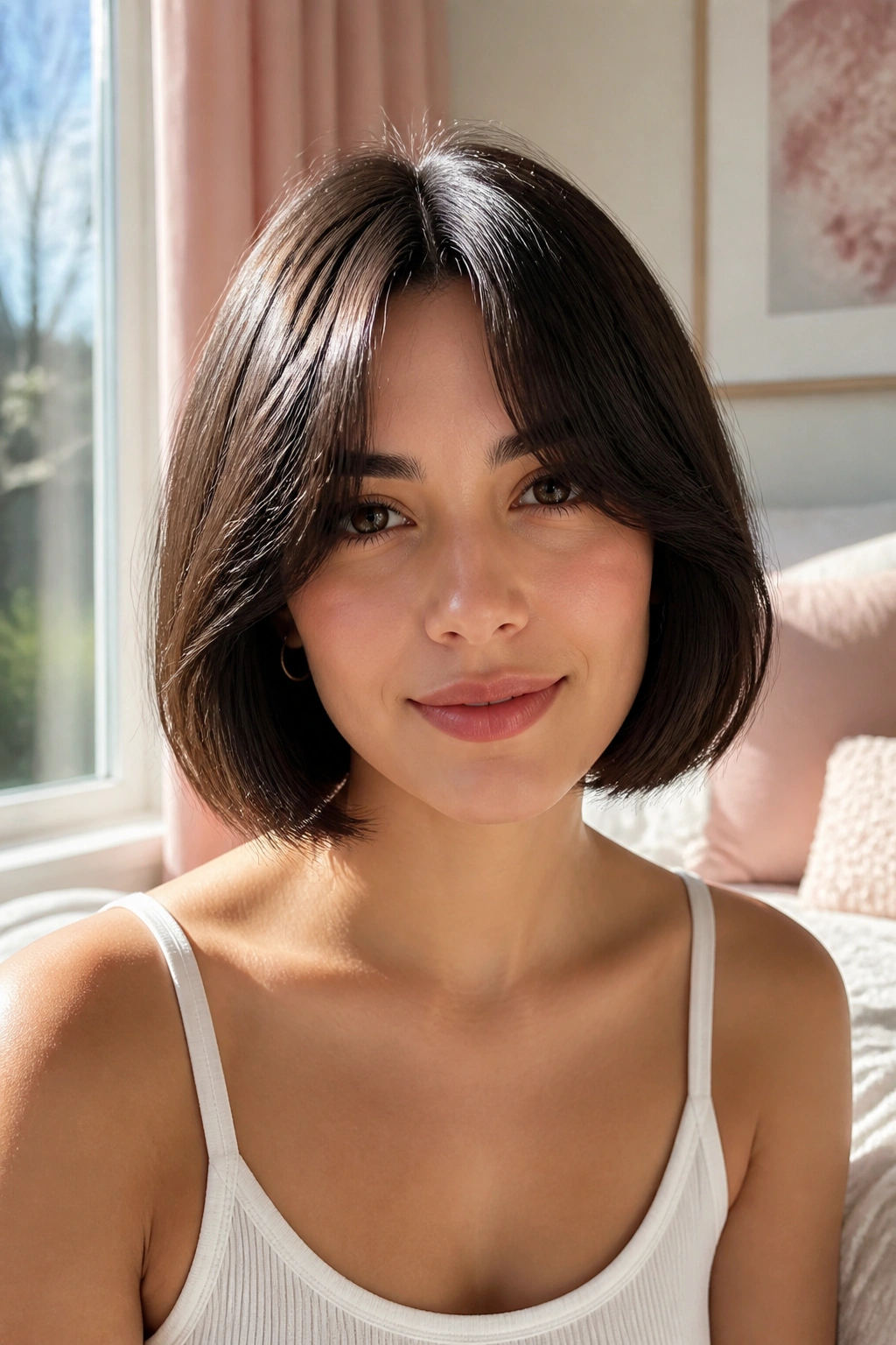 Front portrait of a real person with a bob and curtain bangs