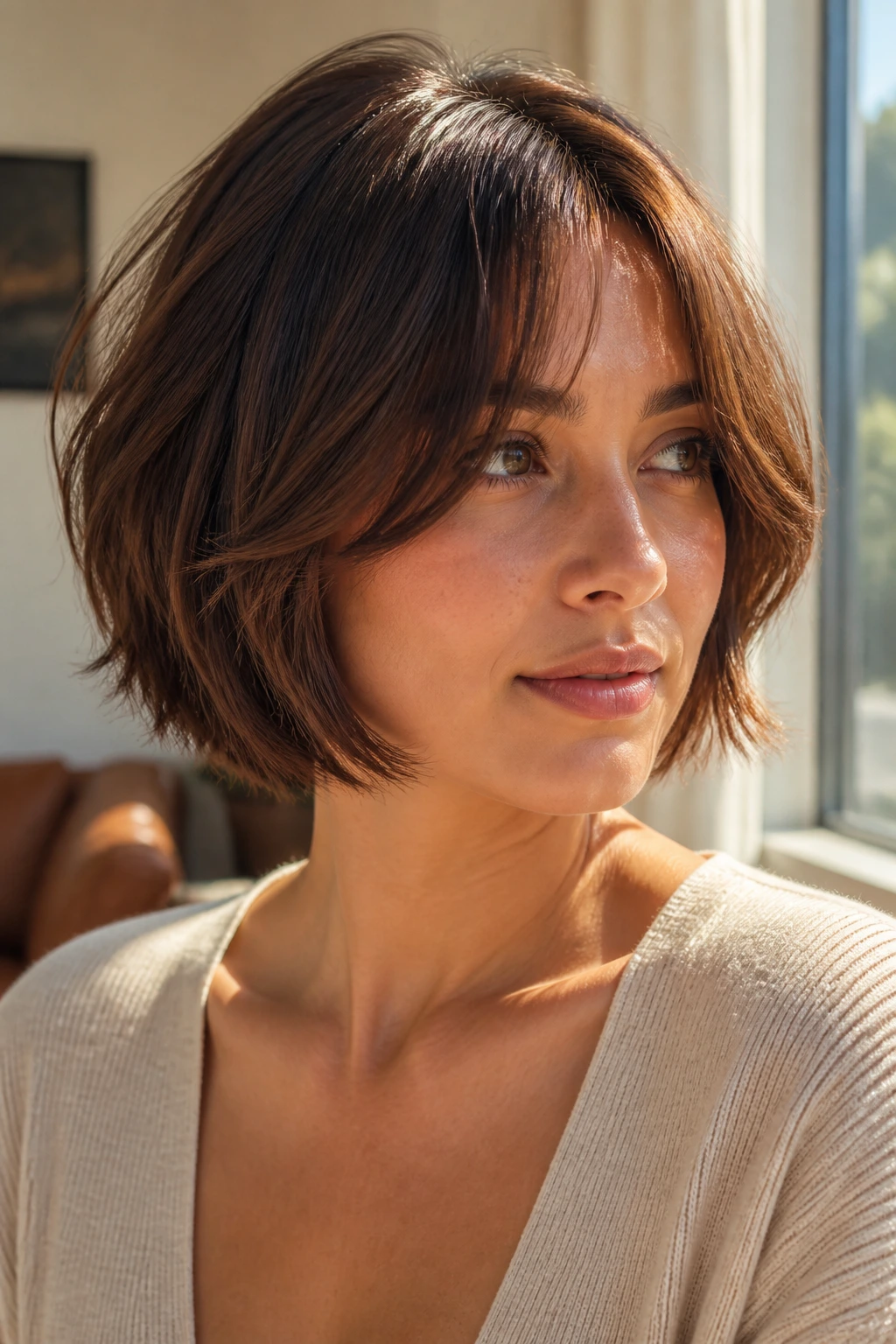Close-up portrait of a woman with curtain bangs and a bob hairstyle