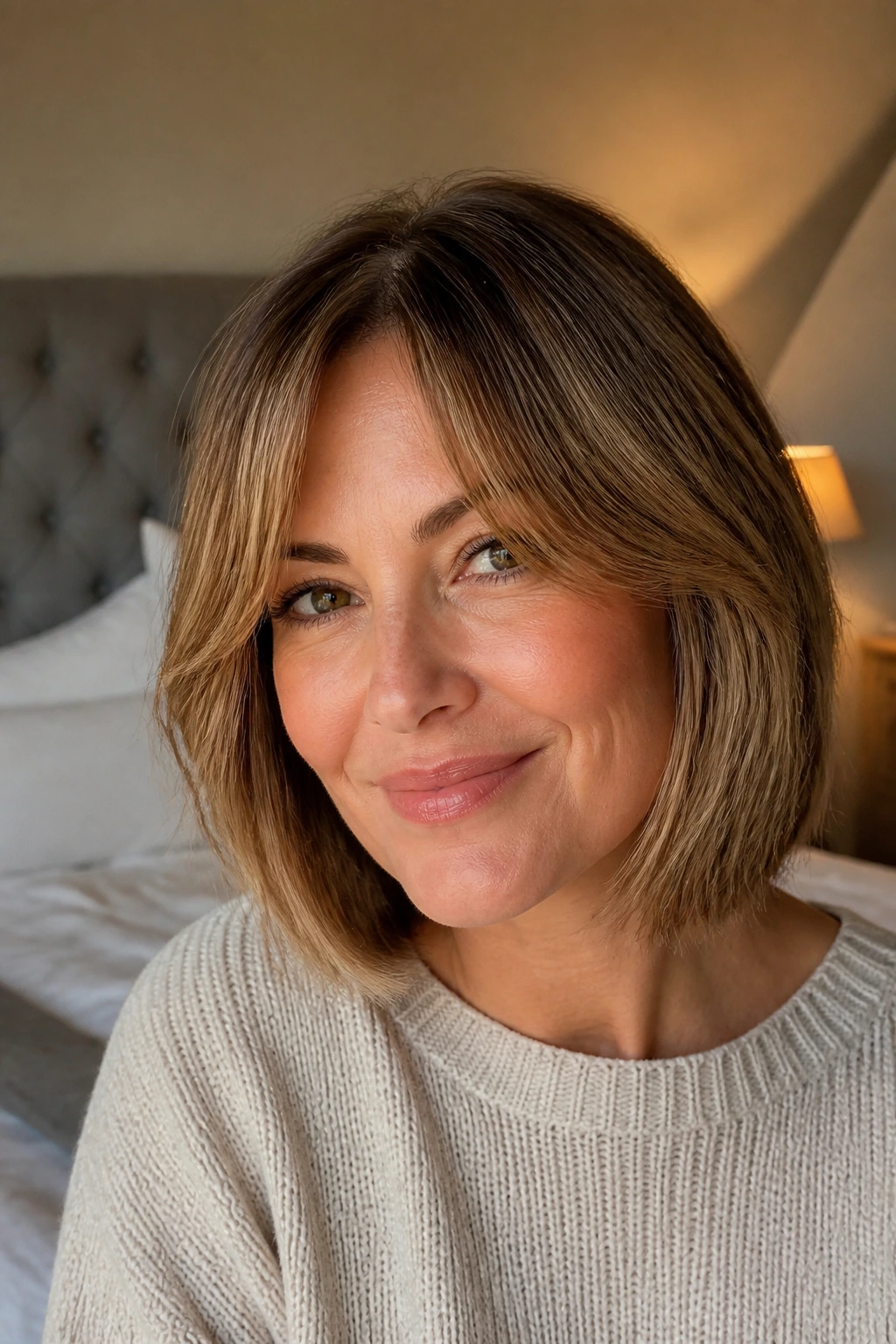 Close-up of a real woman wearing Bob with Curtain Bangs with soft center-swept bangs.