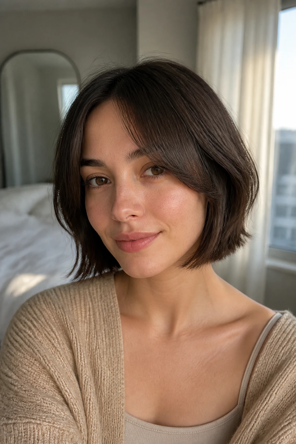 Close-up of a real woman wearing a bob with curtain bangs and soft ends in natural light