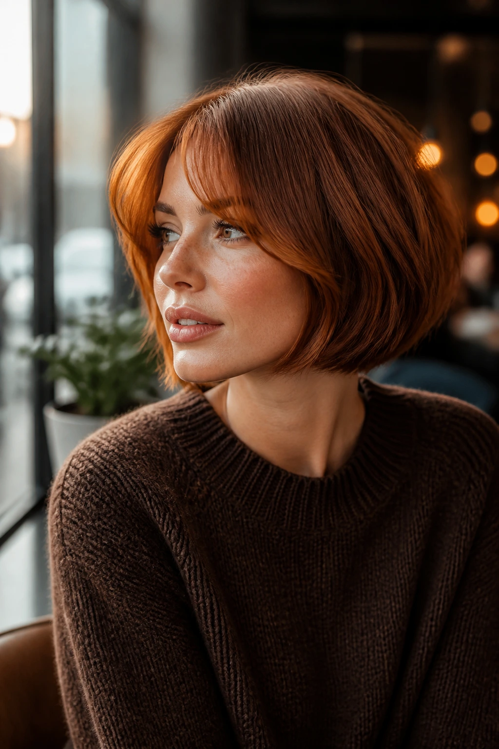 Close-up of a real person with spiced auburn curtain fringe on a bob.