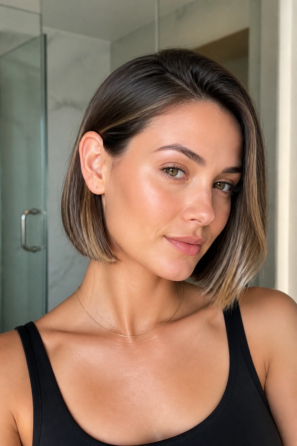 Close-up of a woman with a tucked-behind-ear bob in natural light