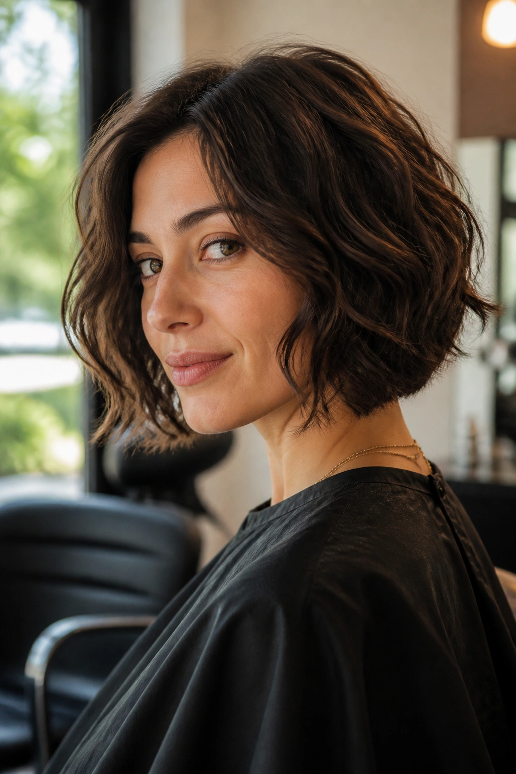 Medium close-up of a real woman with a bob showing inner layers around crown for dense waves