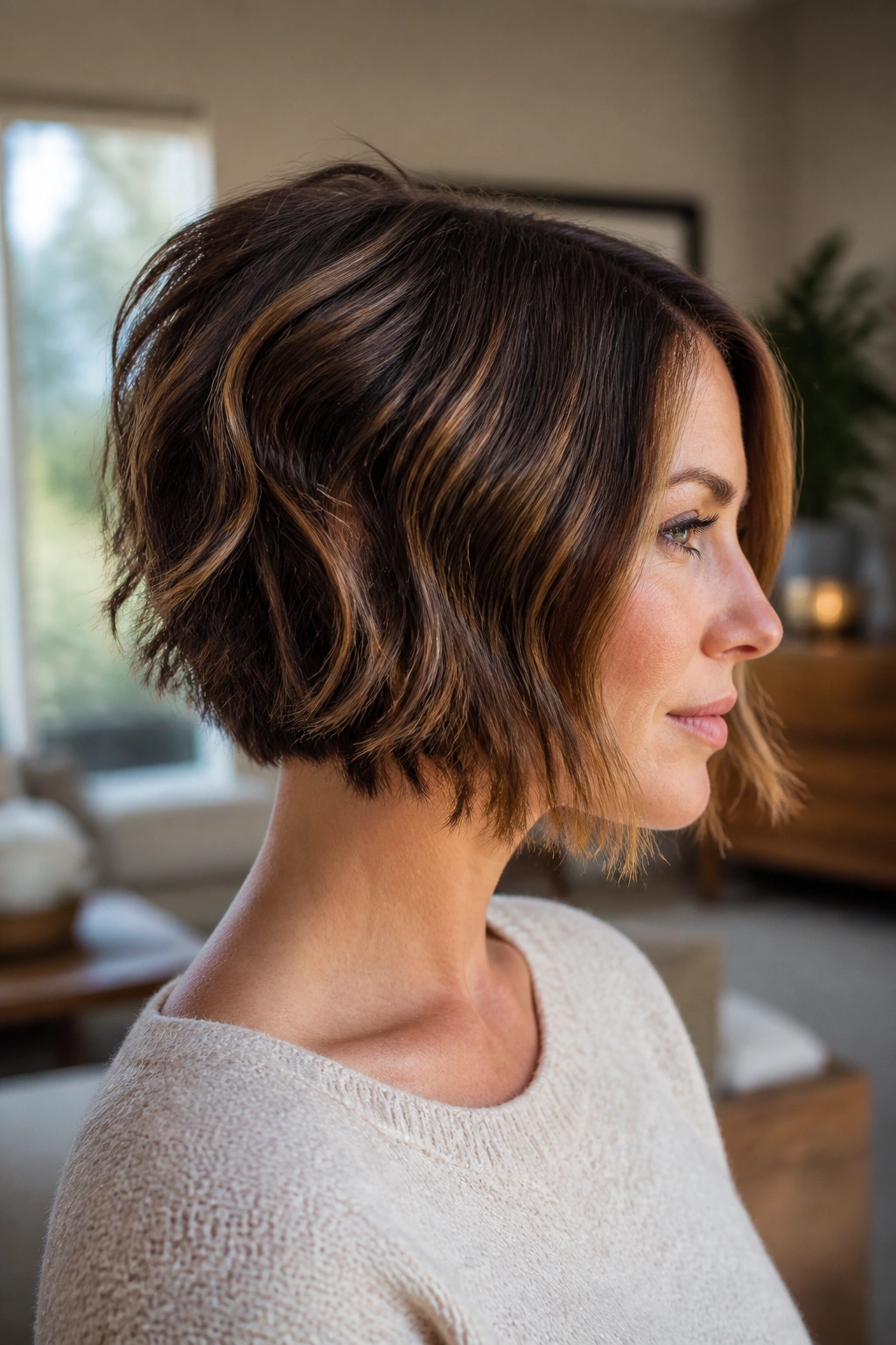 Profile view of a real woman showing inner layering in a neat bob.