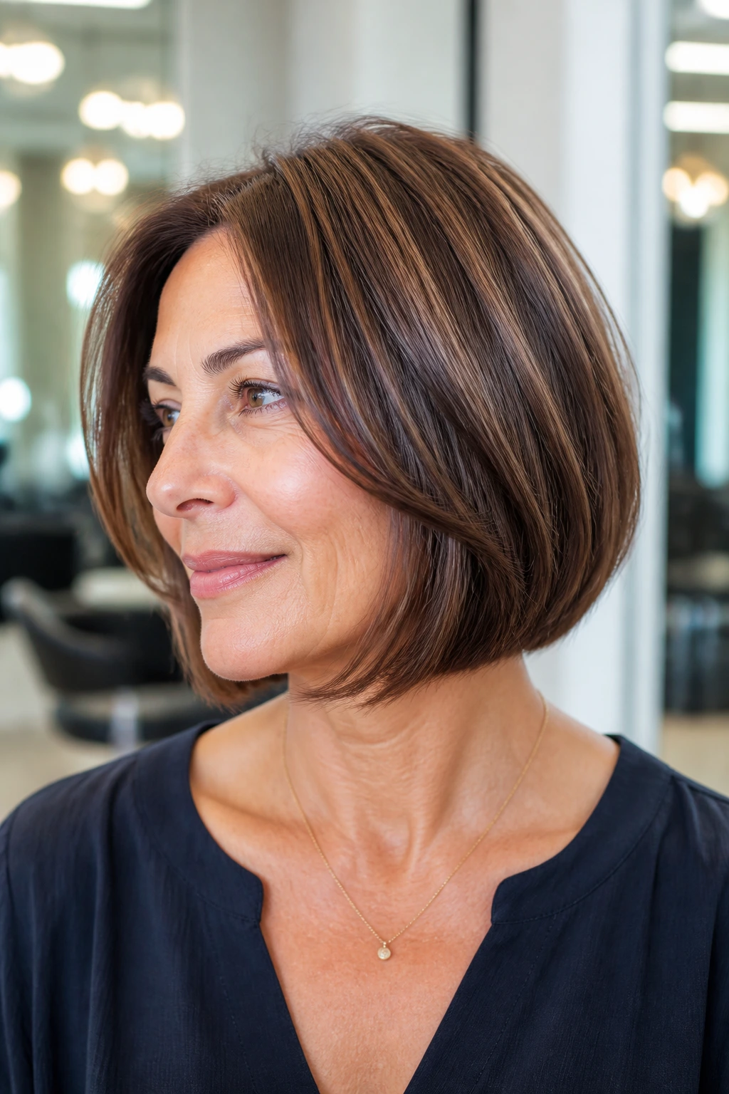 Close-up of a real woman with an internal-layered bob.