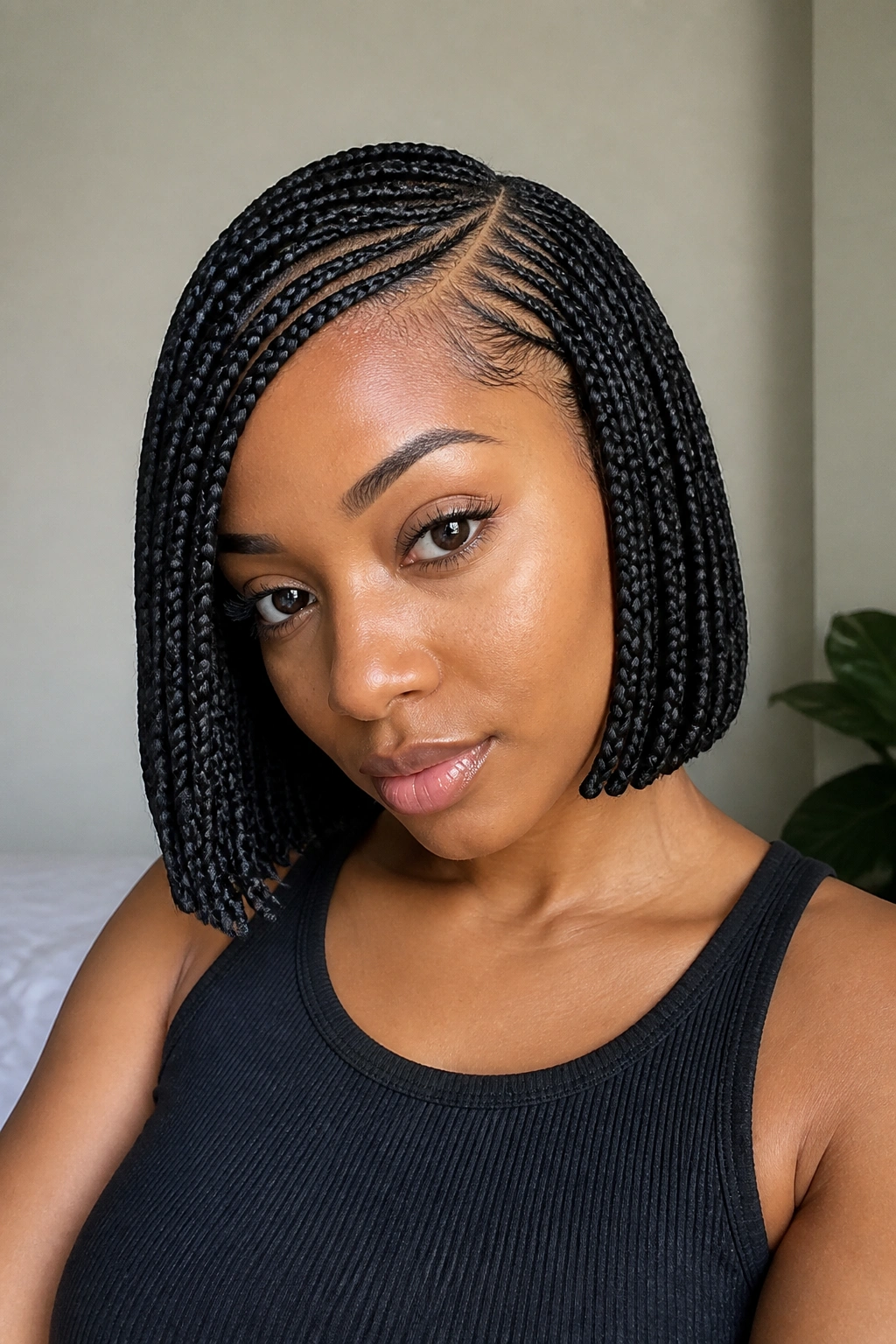 Close-up of chin-length bob lemonade braids on a real woman