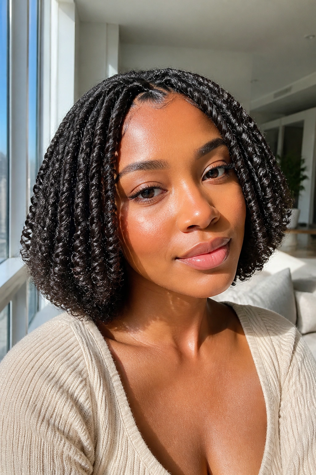 Real person with bob-length braid out featuring rounded under-ended curls.