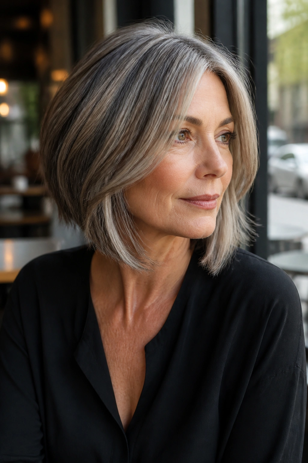 Portrait of a real woman with a bob-lob hybrid haircut and subtle face-framing pieces, showing jawline and collarbone.