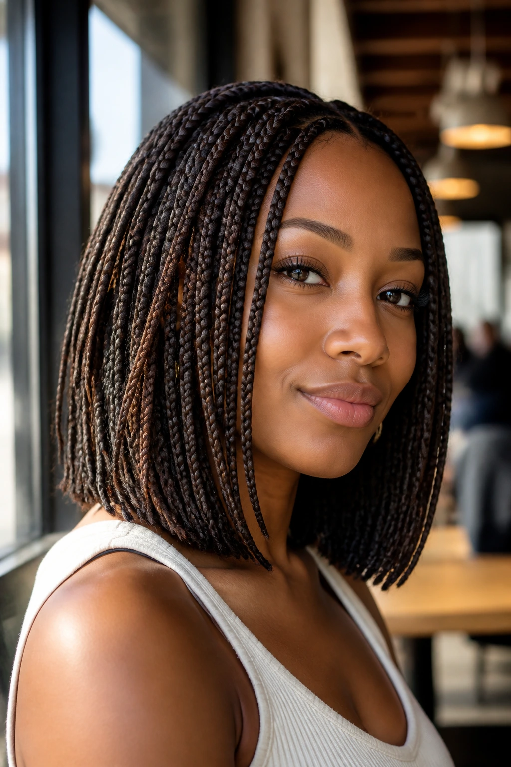 Close-up of a real woman with a Bob-Lob braided bob at collarbone length