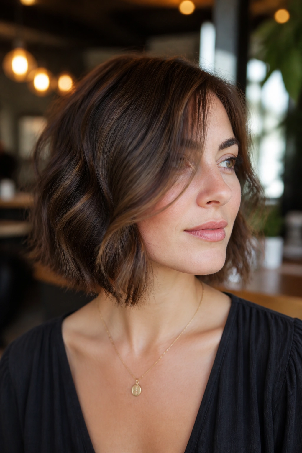 Close-up portrait of a real woman with long side bangs.