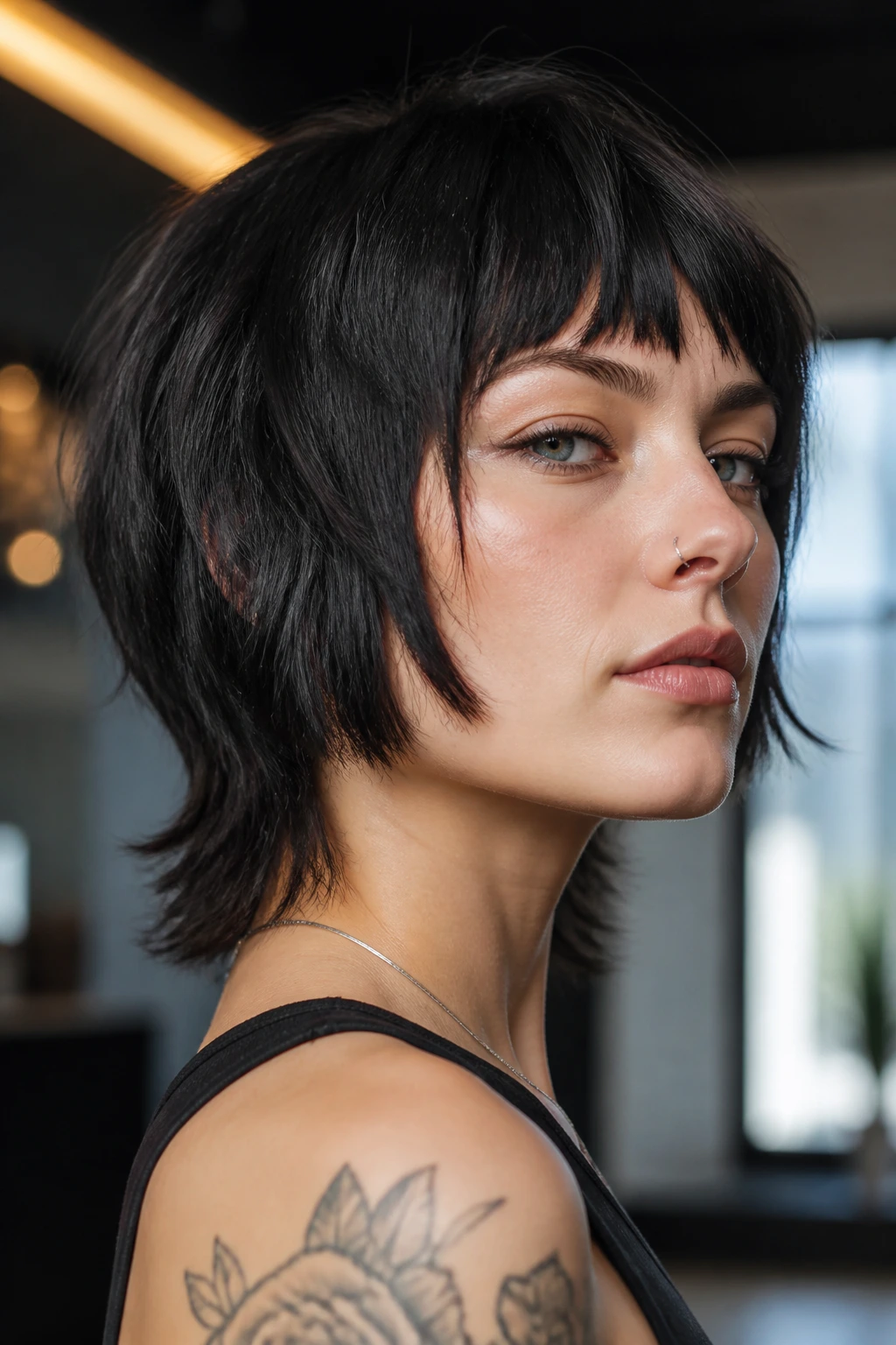 Portrait of a woman with a bob mullet hybrid and sharp neckline