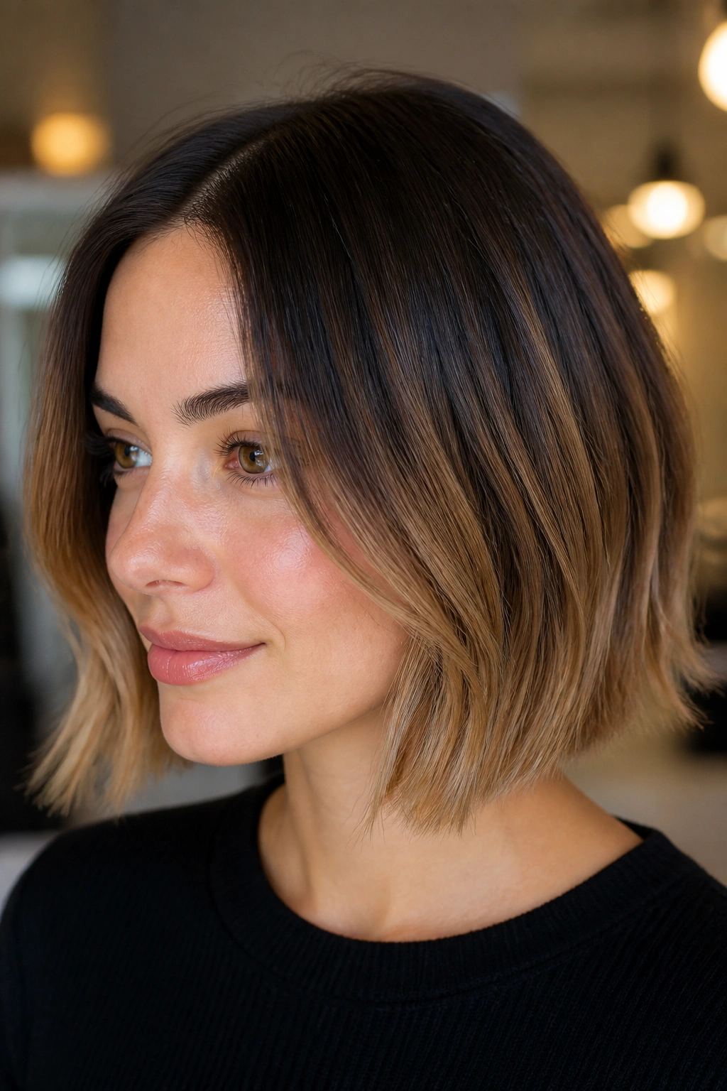 Close-up of chin-length bob with soft brunette-to-caramel ombre on a real woman